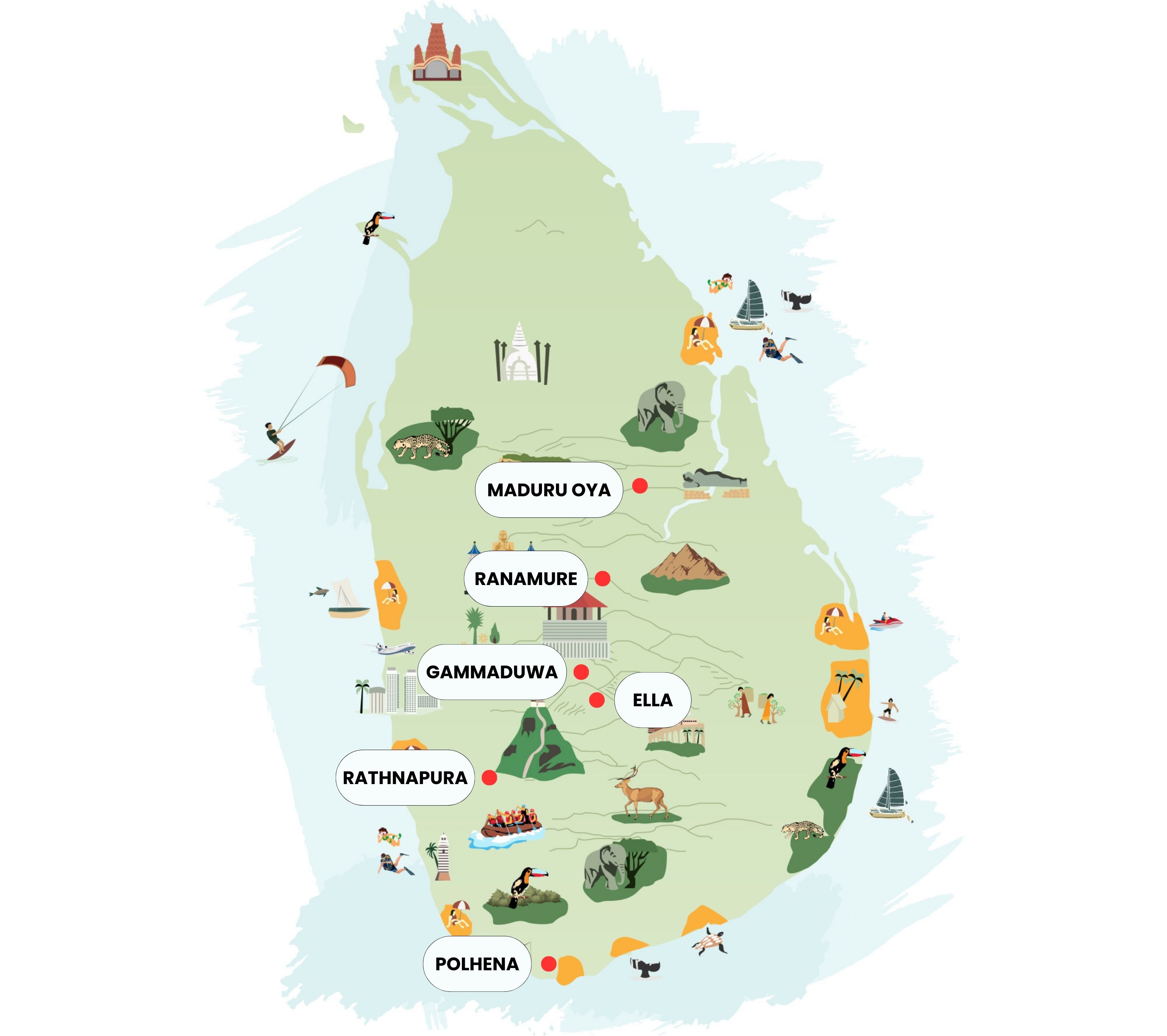 Illustrated map of Sri Lanka showing hidden gems